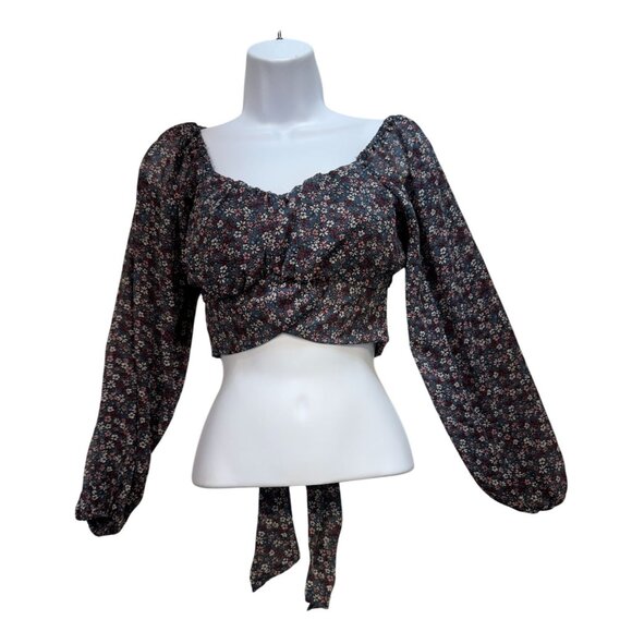 Japna Womens Cropped Long Sleeve Blouse Size S Multiicolor Floral Tie-Back Chic - Picture 1 of 12